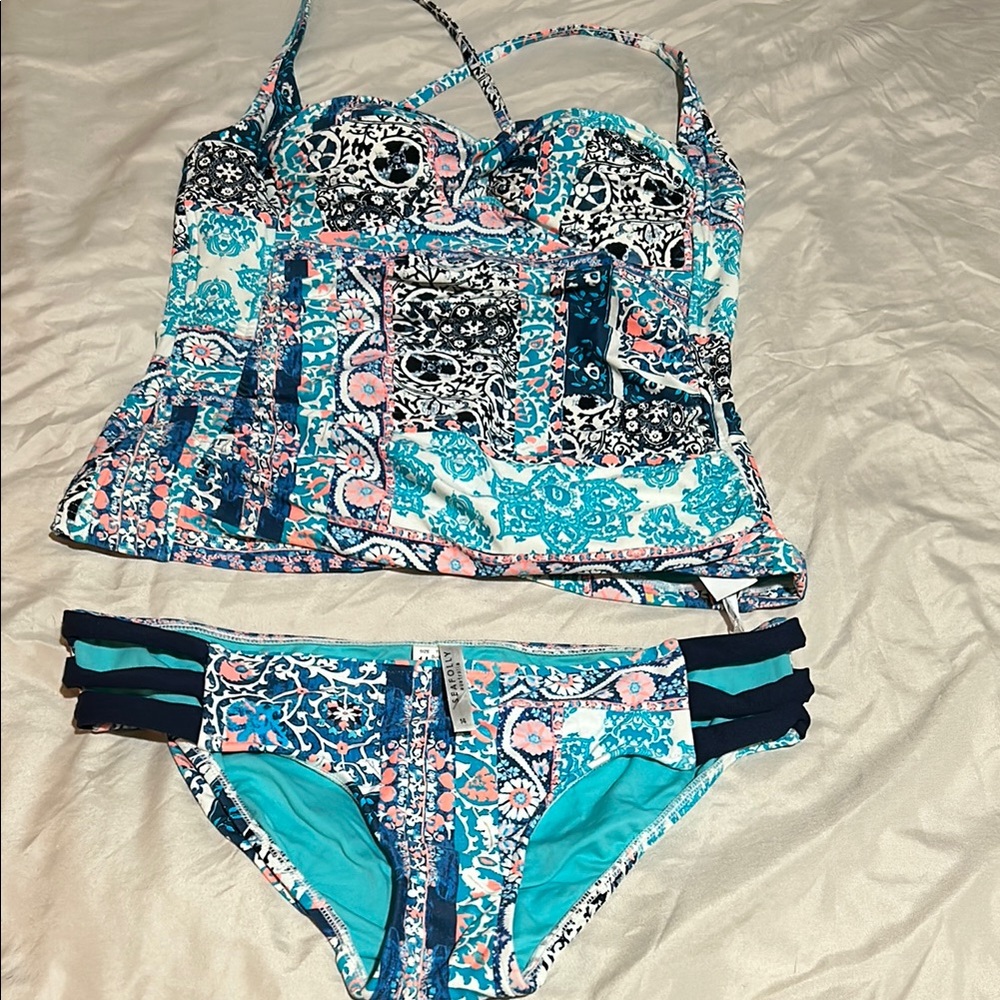 Seafolly Blue and Pink Patterned Bikini TOP ONLY see comments